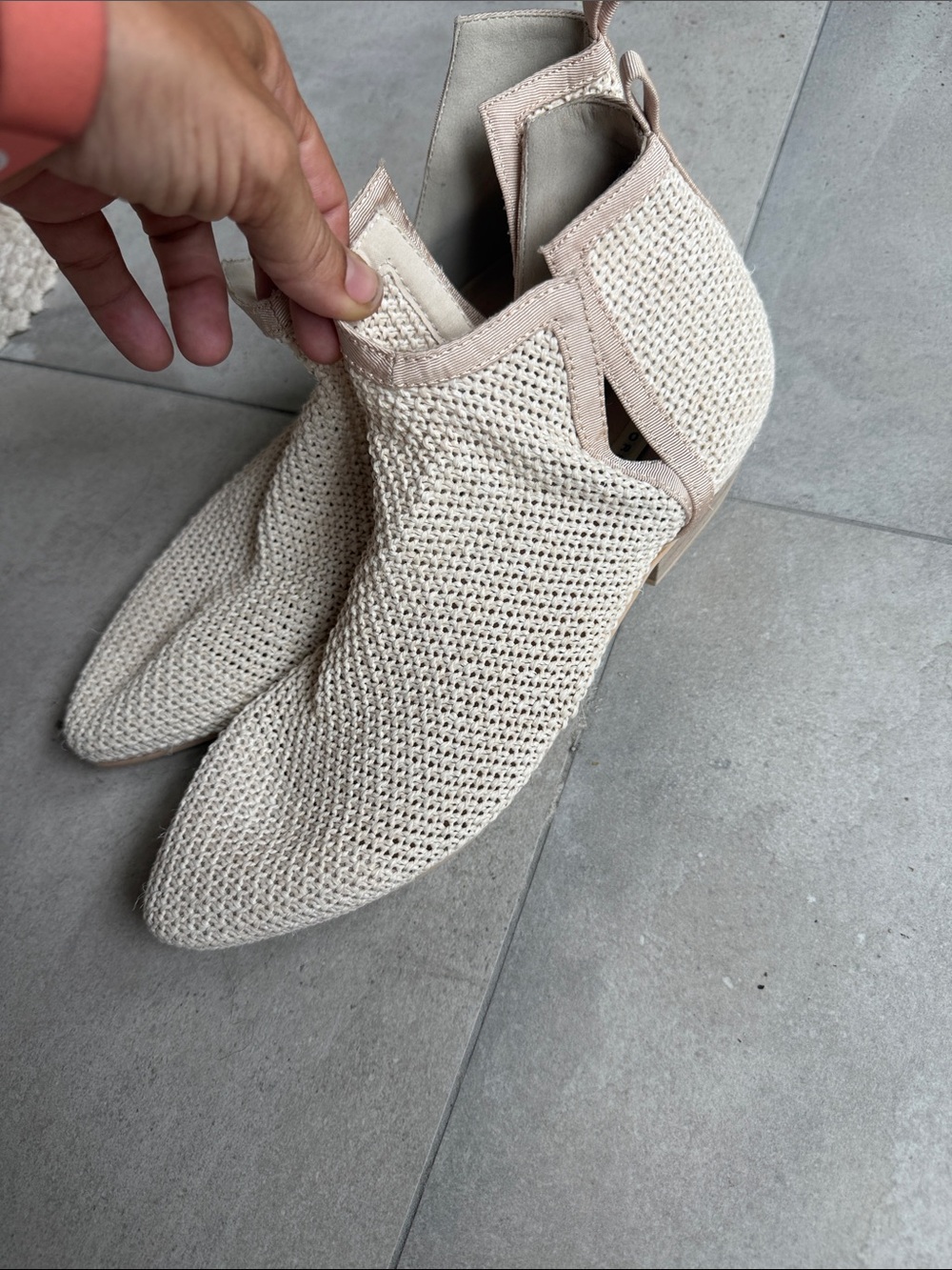 Woven Pointed Toe Ankle Boots - Cream